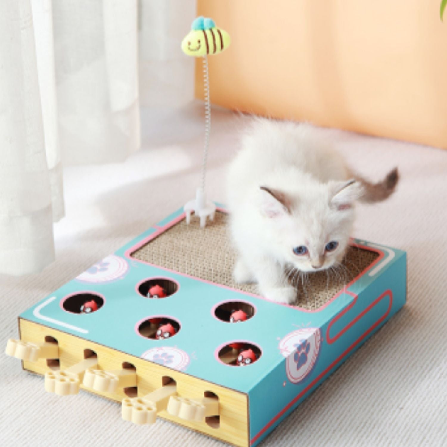 Interactieve Kattenkrabber kat zit op speelgoed